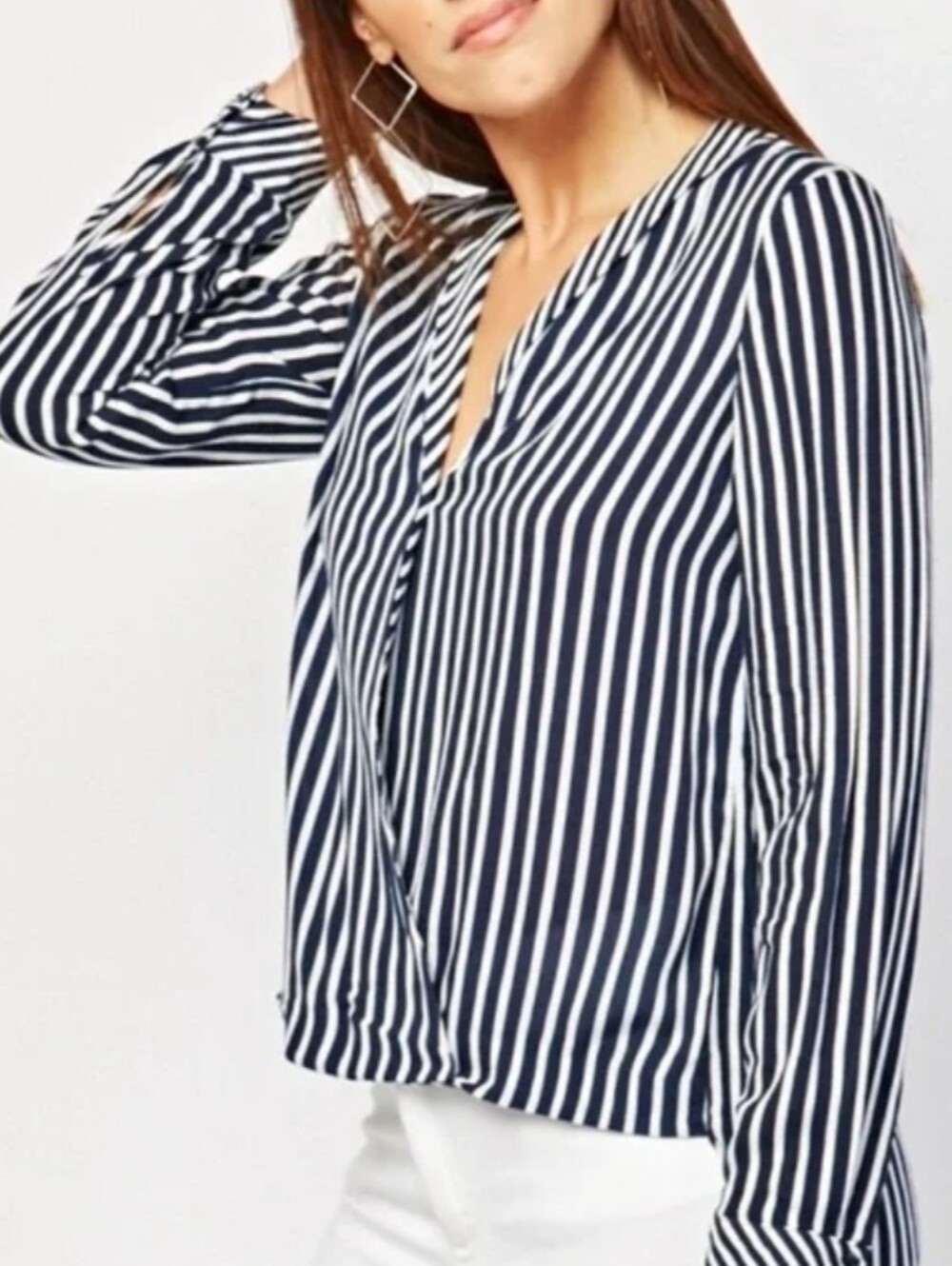 Trf Collection ZARA Wrap Crossover Striped Long Sleeve Top Navy White Crinkle M
